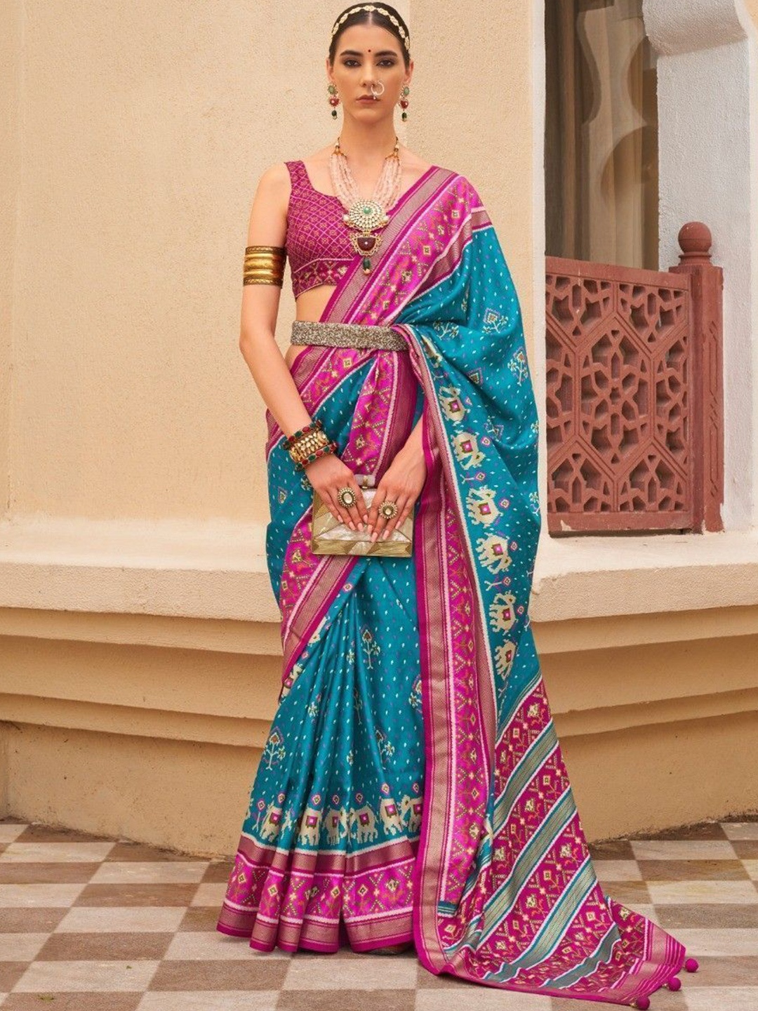 

MAHALASA Ethnic Motifs Designer Patola Saree, Turquoise blue