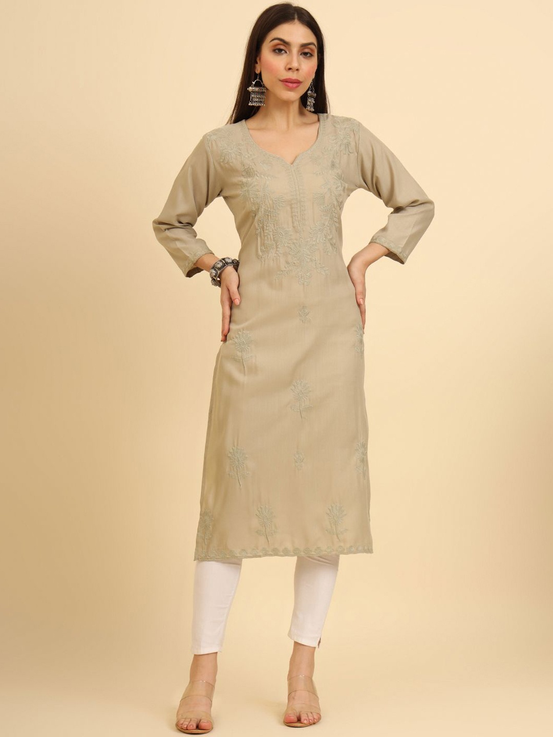 

HERE&NOW Floral Embroidered Cotton Straight Kurta, Rust