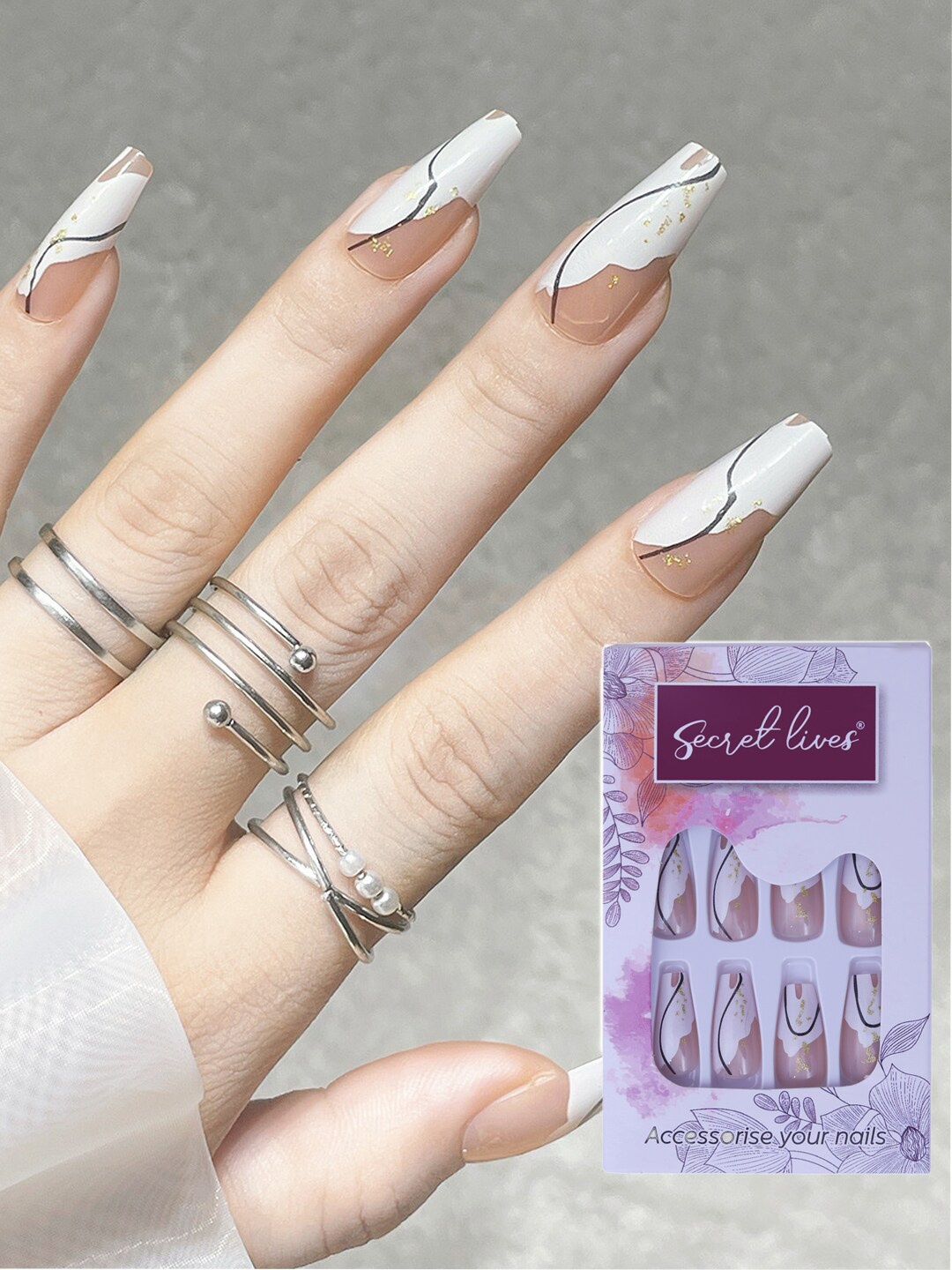 

Secret Lives 24 Pcs Gloss Bottom with Glitters Fake Nails - Brown, White