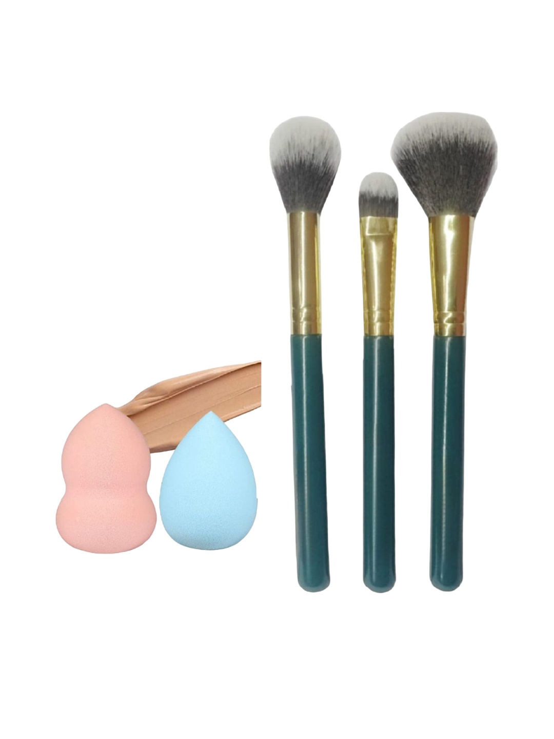 

Facejewel Set Of 3 Makeup Brushes With 2 Sponge Makeup Puffs, Green