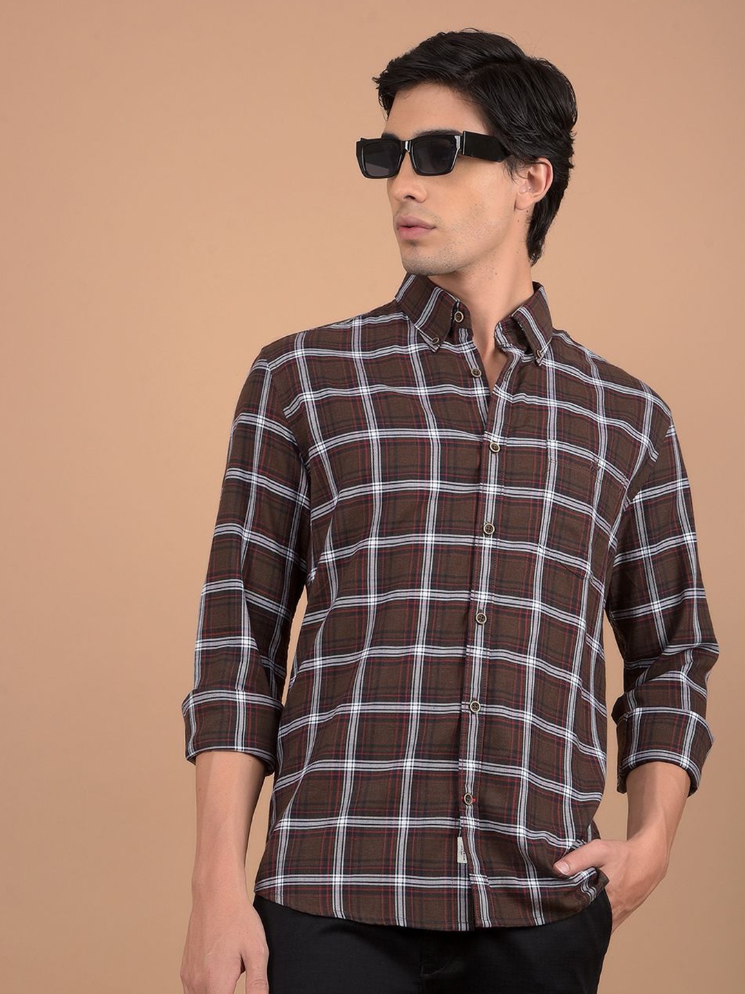 

Crimsoune Club Men Button-Down Collar Windowpane Checked Cotton Casual Shirt, Brown