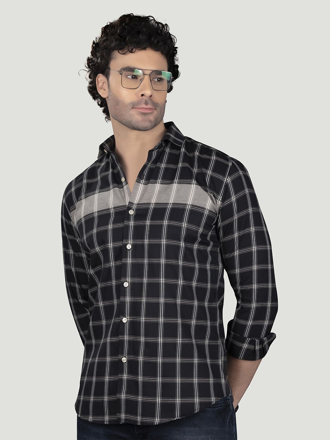 

ALMATY Men Comfort Spread Collar Windowpane Checked Cotton Slim Fit Casual Shirt, Black