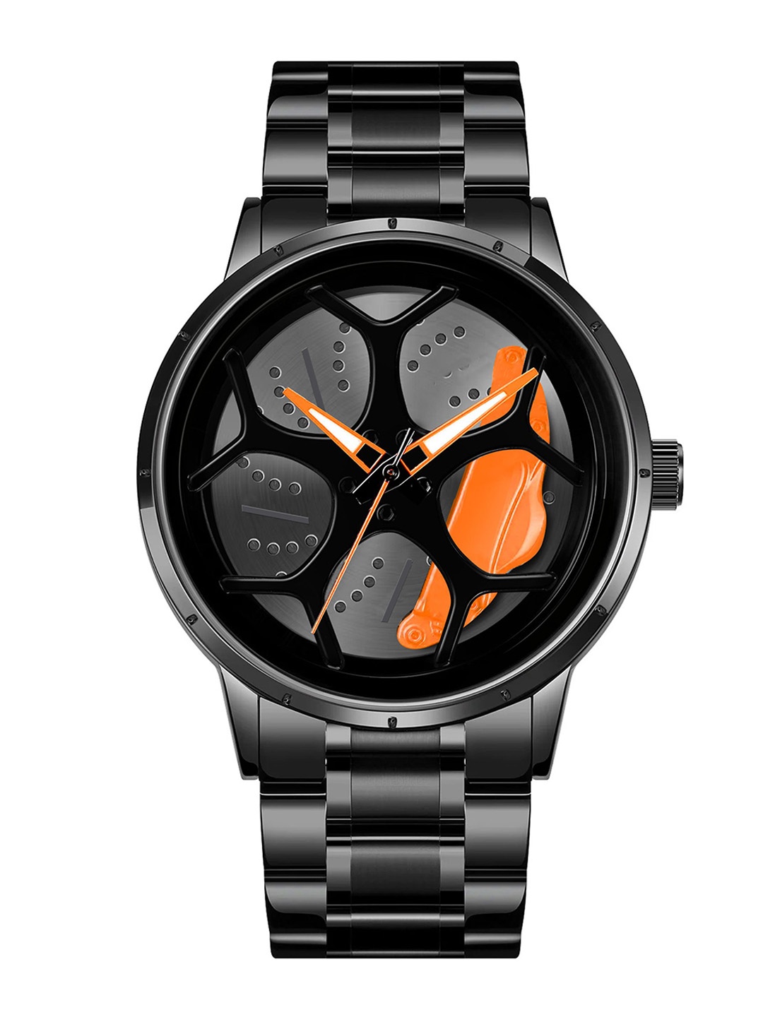 

IIK COLLECTION Men Round Car Wheel Dial With Spinning Car Rim Hub Chain Analogue Watch, Orange