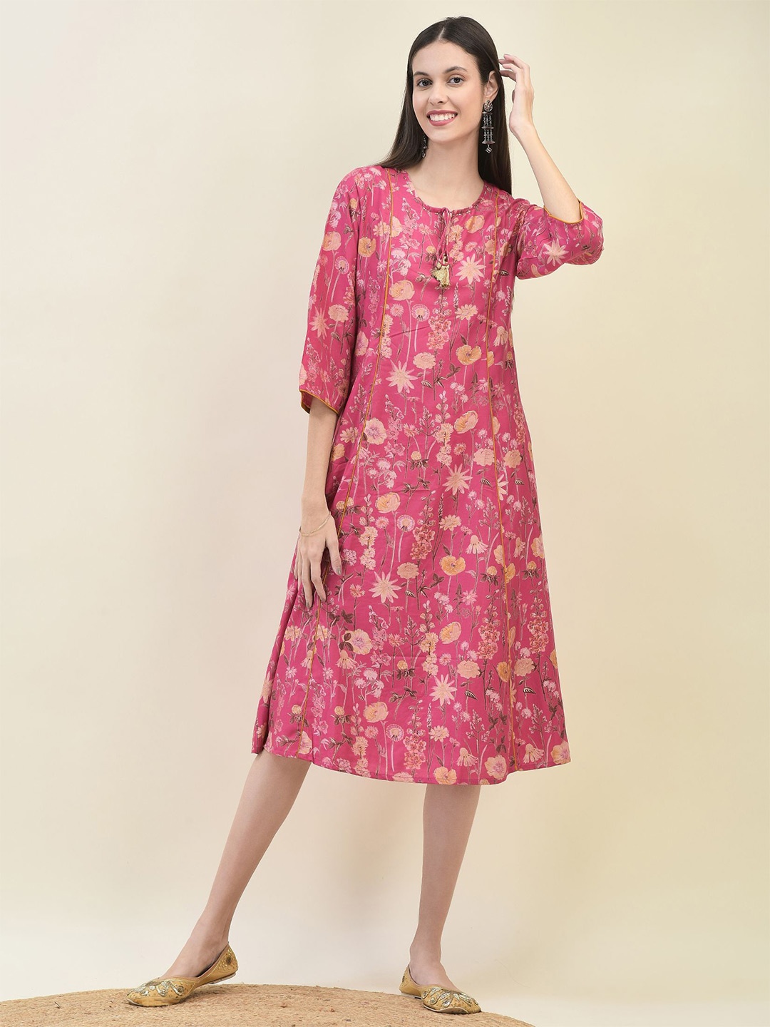 

Shree Women Floral Printed A-Line Midi Dress, Pink