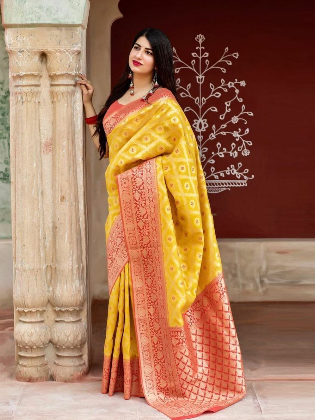 

KALINI Woven Design Zari Pure Silk Kanjeevaram Saree, Yellow