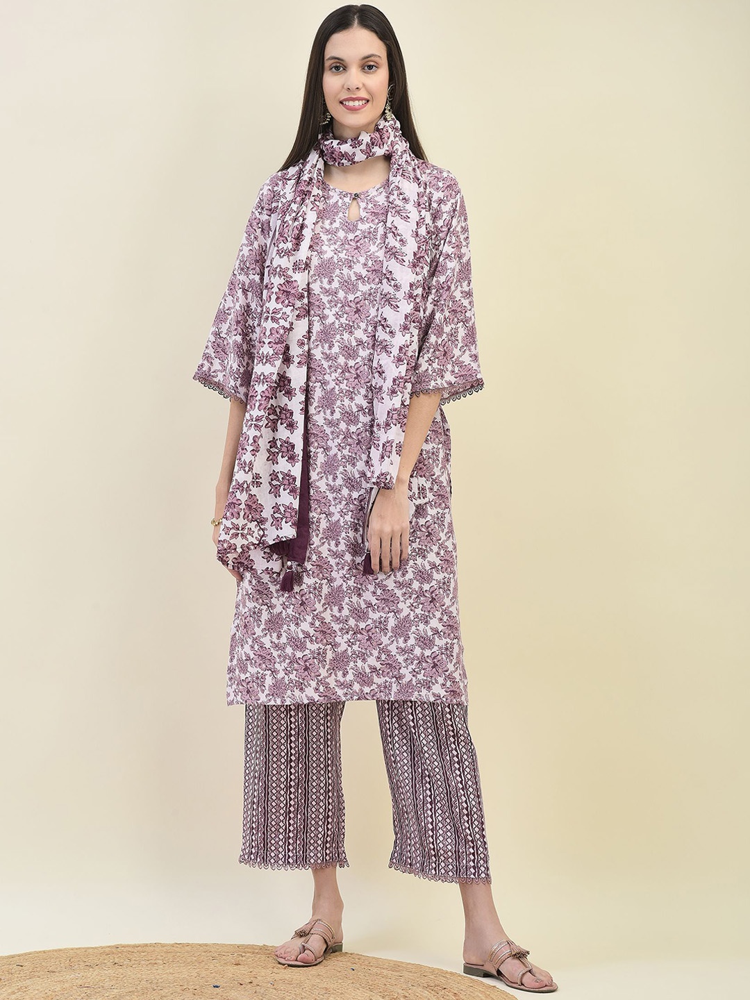 

Shree Floral Printed Straight Liva Kurta with Trousers & Dupatta, Lavender