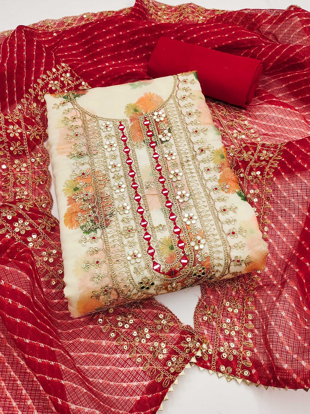 

Panzora Ethnic Motifs Embroidered Mirror Work Unstitched Dress Material, White