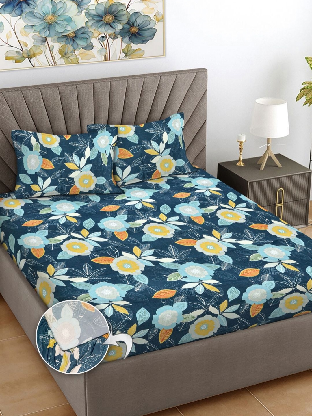 

FABINALIV Blue & Yellow Floral Print 300 TC Fitted King Bedsheet & 2 Pillow Covers