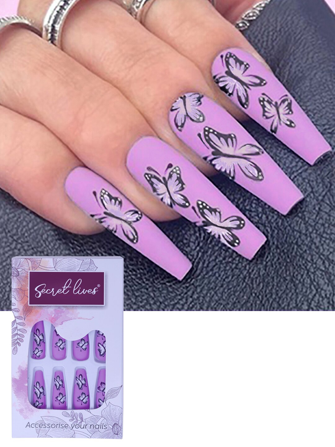 

Secret Lives 24-Pcs Matte Butterfly Fake Nails, Purple