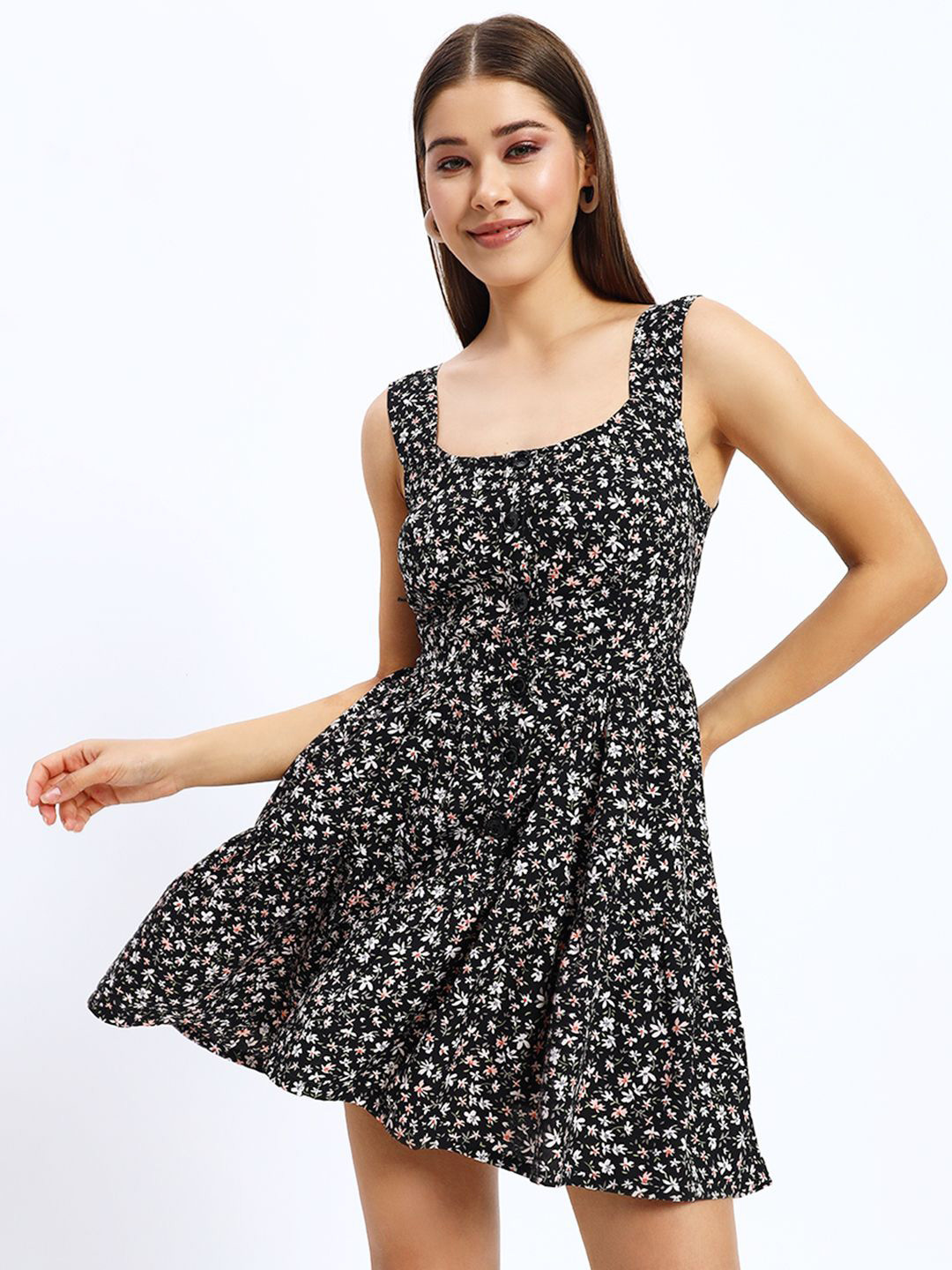 

Sugercandy Women Floral Printed Square Neck Fit & Flare Dress, Black