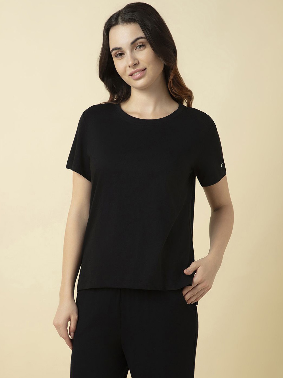

Van Heusen Women Solid Relax Fit Lounge T Shirt, Black