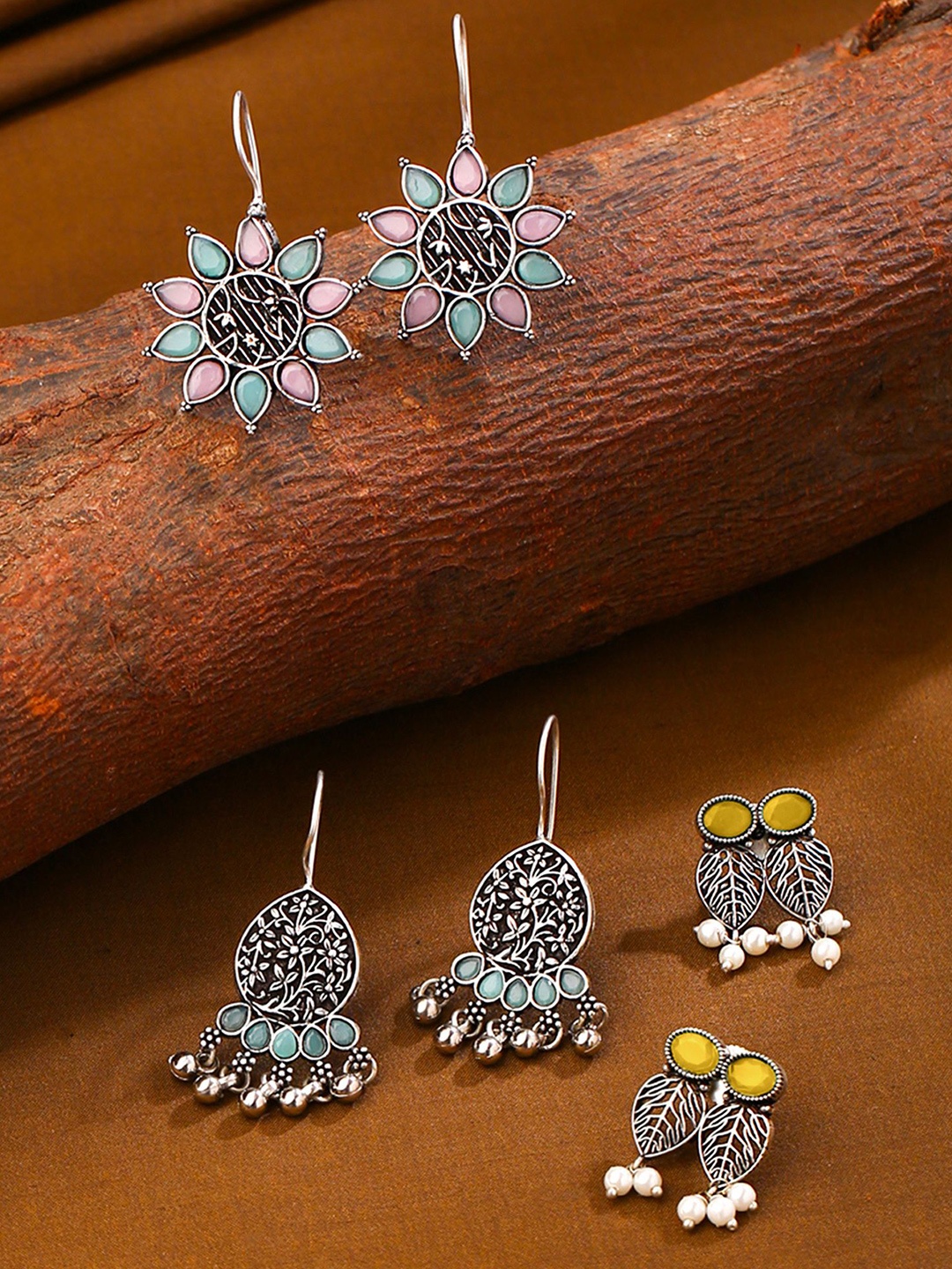 

Yellow Chimes Set Of 3 Silver-Plated Floral Stone Studded Oxidised Drop Earrings