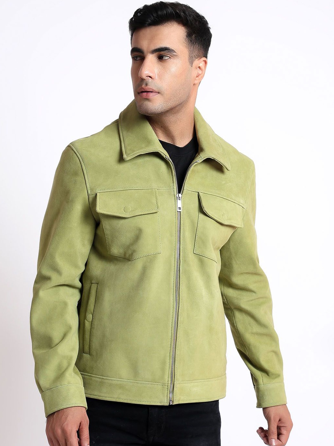 

Saint G Men Camouflage Satin Water Resistant Leather Jacket, Lime green
