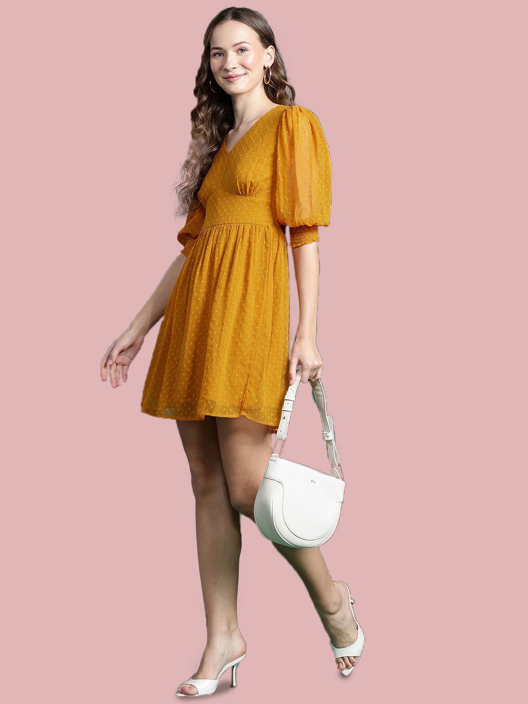 

Deewa Women Self Design Fit & Flare Above Knee Dress, Mustard