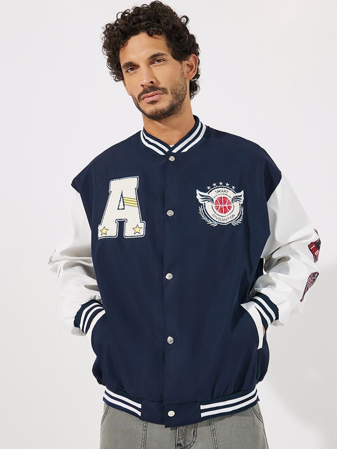 

Styli Colourblocked Embroidered Bomber Jacket, Navy blue