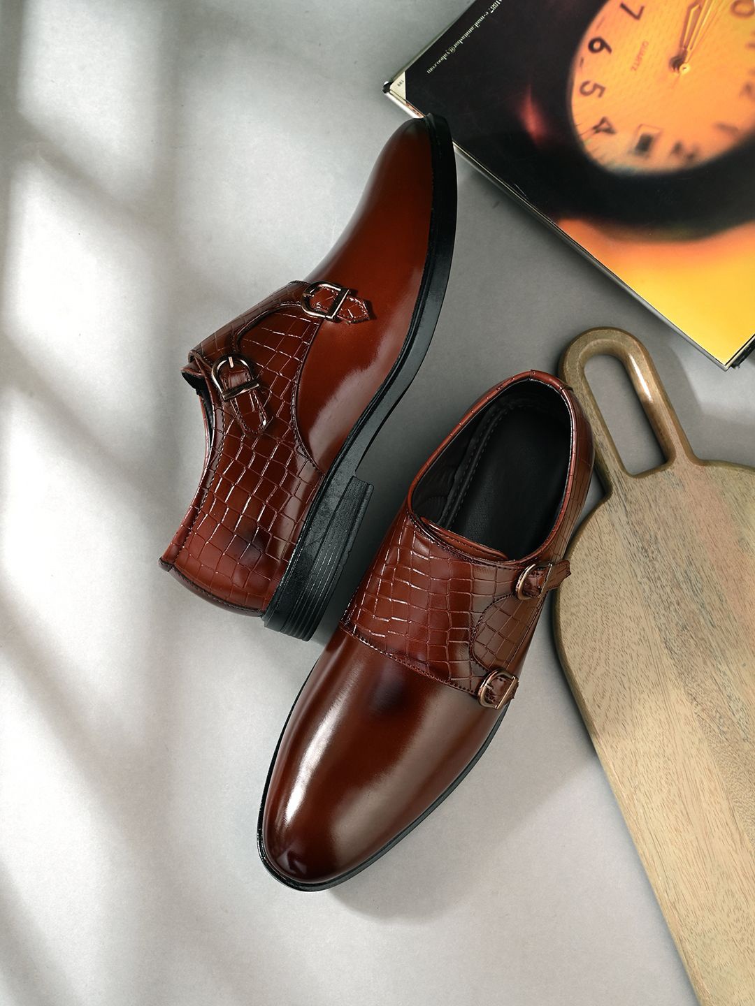 

HERE&NOW Men Textured PU Formal Monk Shoes, Brown