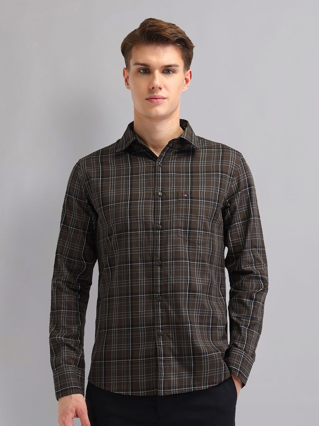 

AD By Arvind Men Spread Collar Tartan Checked Cotton Slim Fit Casual Shirt, Brown