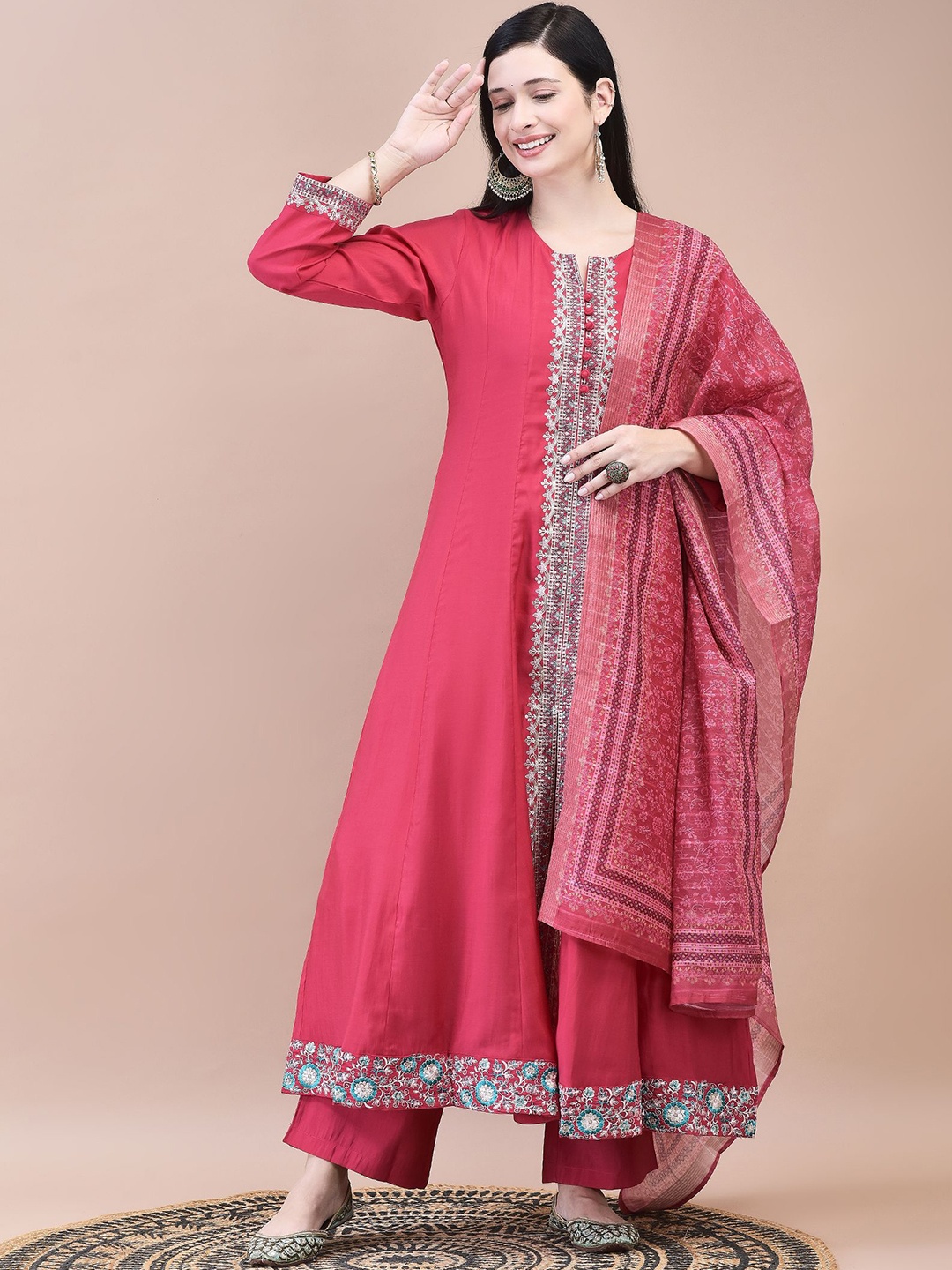 

Shree Floral Embroidered Straight Kurta with Trousers & Dupatta, Pink