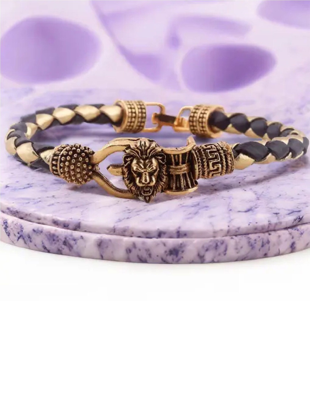 

RUHI COLLECTION Men Gold-Plated Protective Lion Face Leather Wraparound Bracelet
