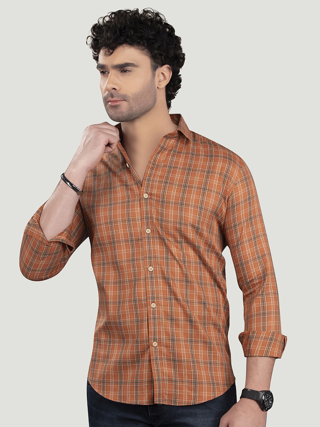 

ALMATY Men Comfort Spread Collar Checked Cotton Slim Fit Casual Shirt, Orange