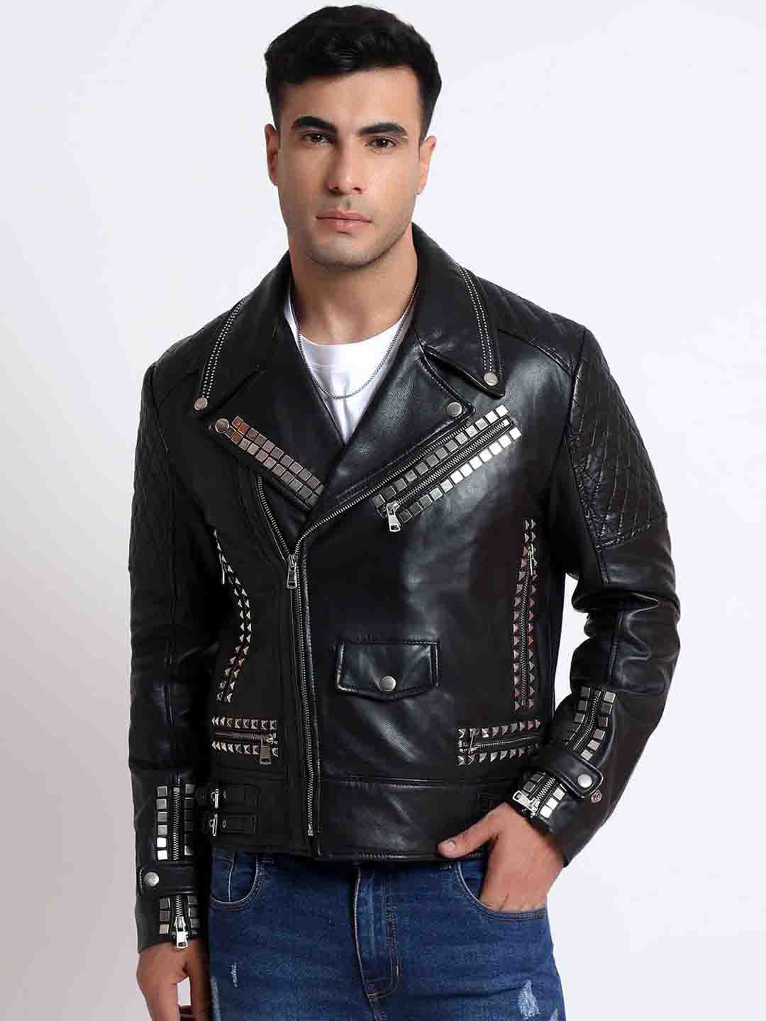 

Saint G Men Satin Water Resistant Leather Jacket, Black