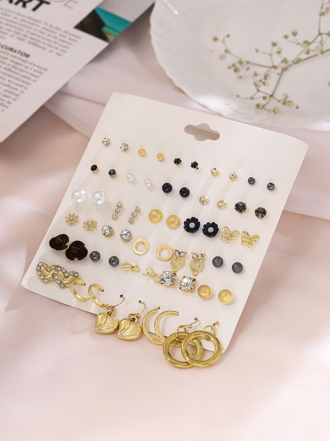 

Yellow Chimes Set Of 30 Gold-Plated Pearls & Stone Studded Oxidised Studs & Hoop Earrings