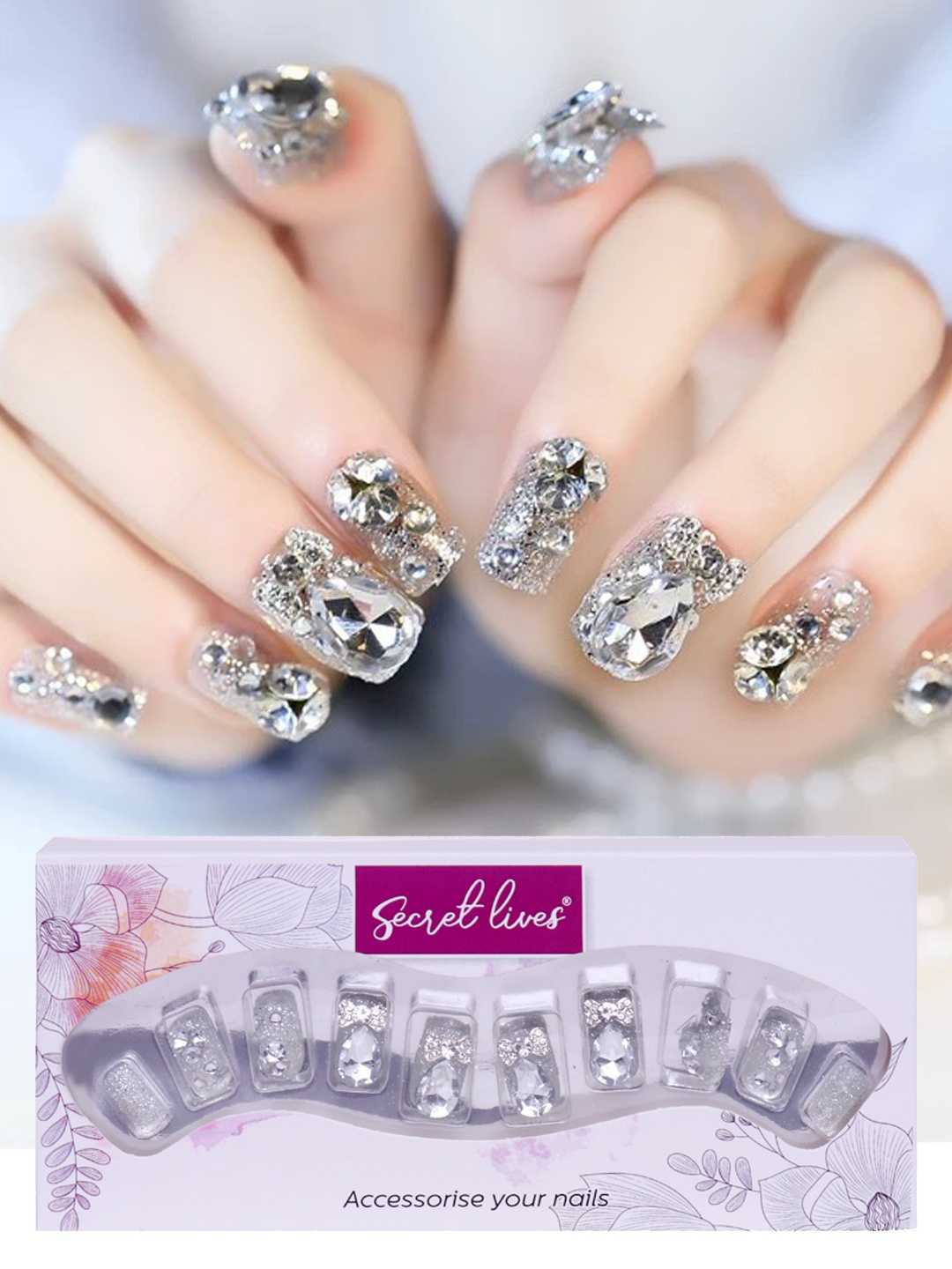 

Secret Lives 24 Pieces 3D Stones Glitter Fake Nail Extensions, Silver