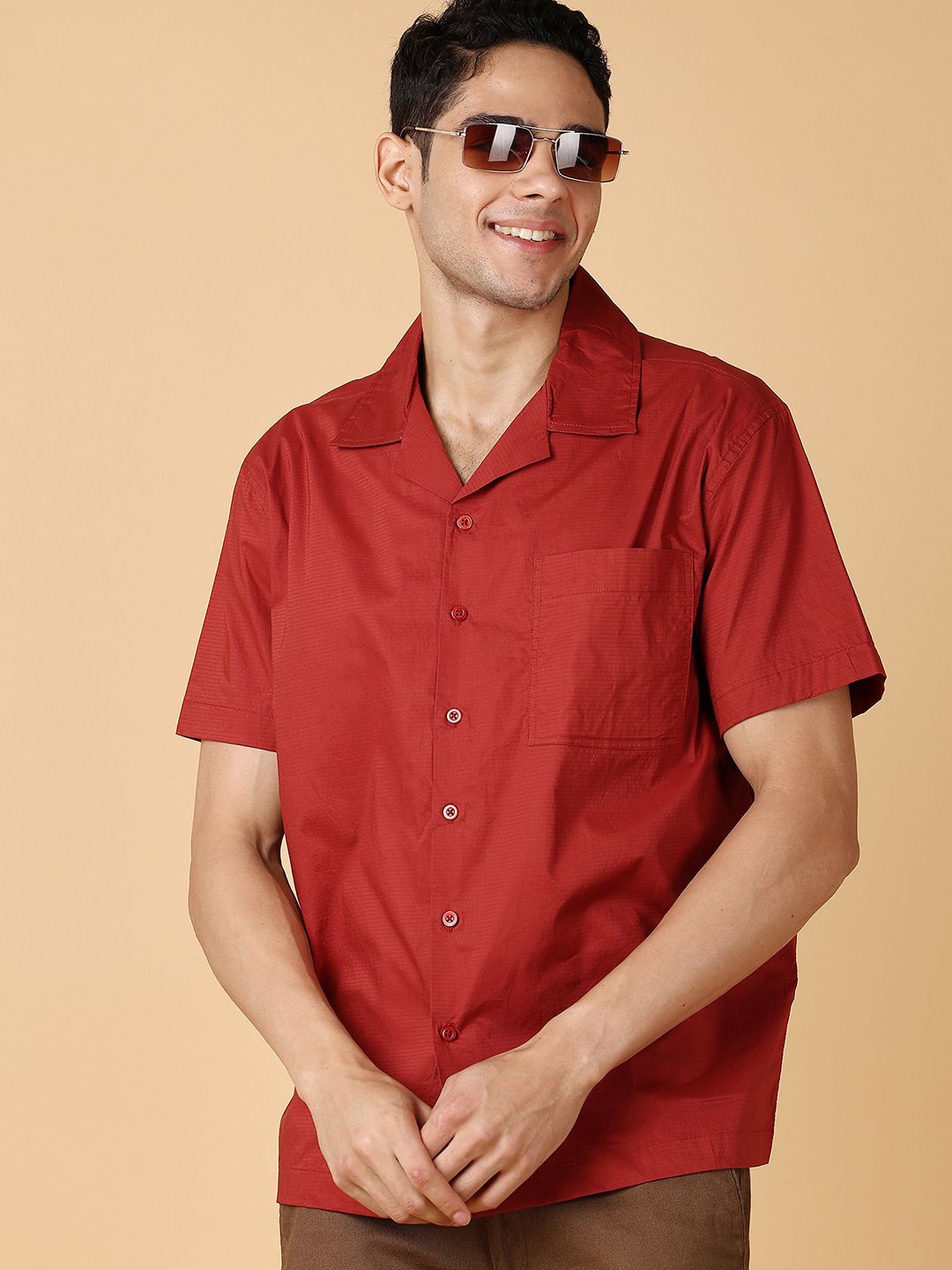 

V-Mart Men Cuban Collar Solid Cotton Casual Shirt, Maroon