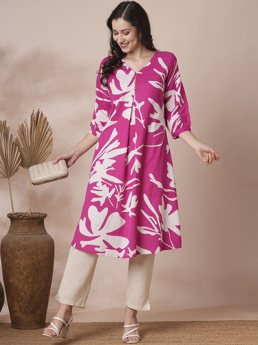 

KALINI Printed Pleated Pure Cotton Kurta With Trousers, Pink