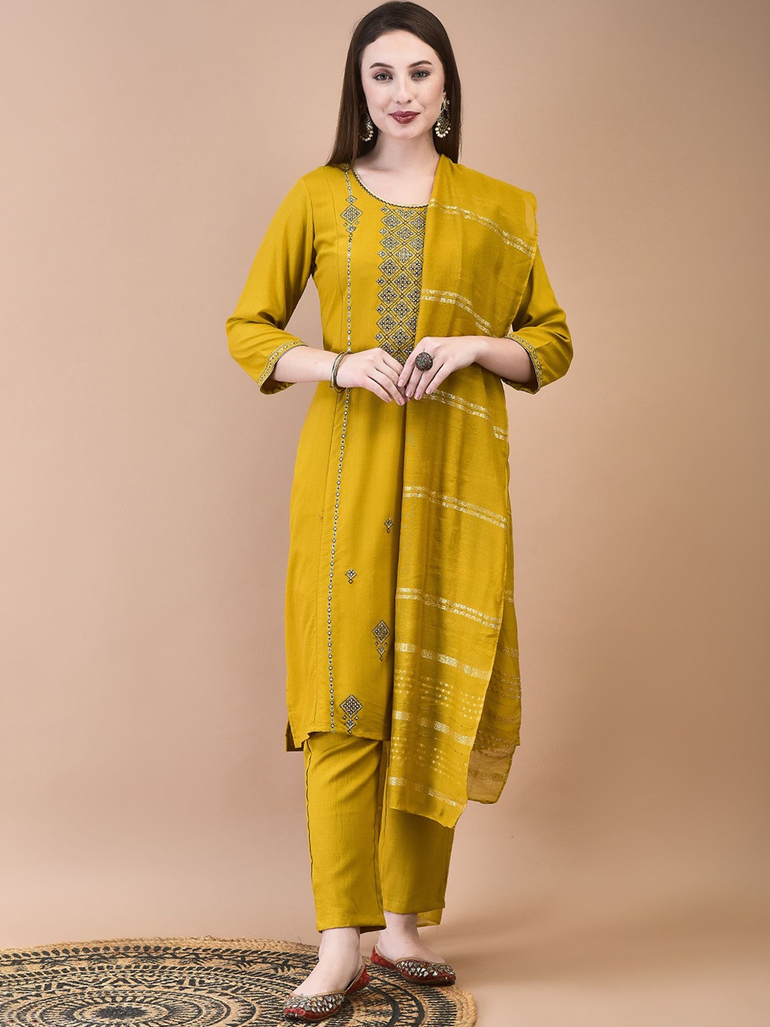 

Shree Floral Embroidered Liva Straight Kurta with Trousers & Dupatta, Mustard