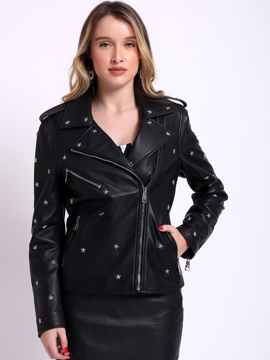 

Saint G Women Lapel Collar Solid Leather Casual Biker Jacket, Black