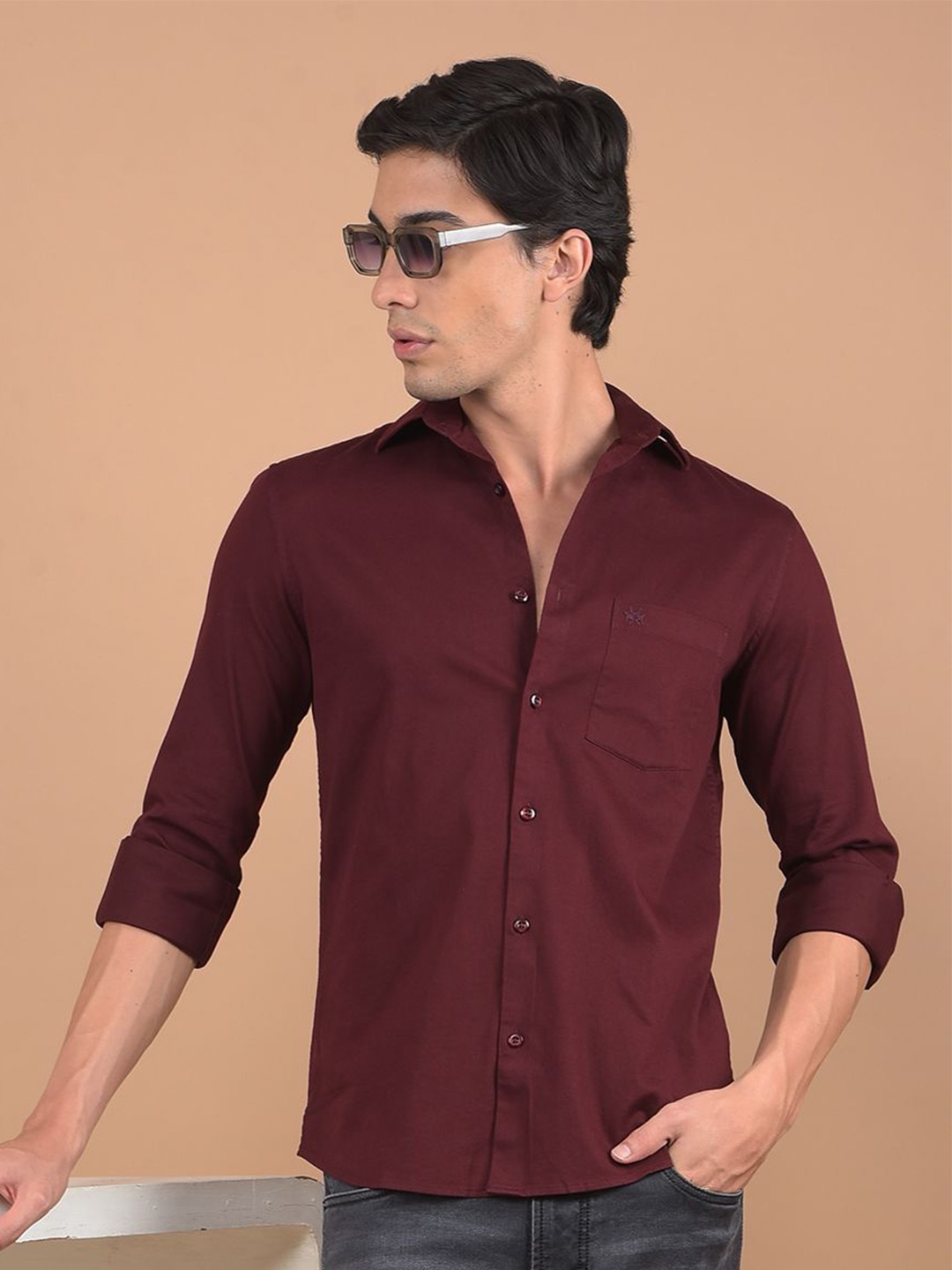 

Crimsoune Club Men Spread Collar Solid Cotton Slim Fit Casual Shirt, Maroon