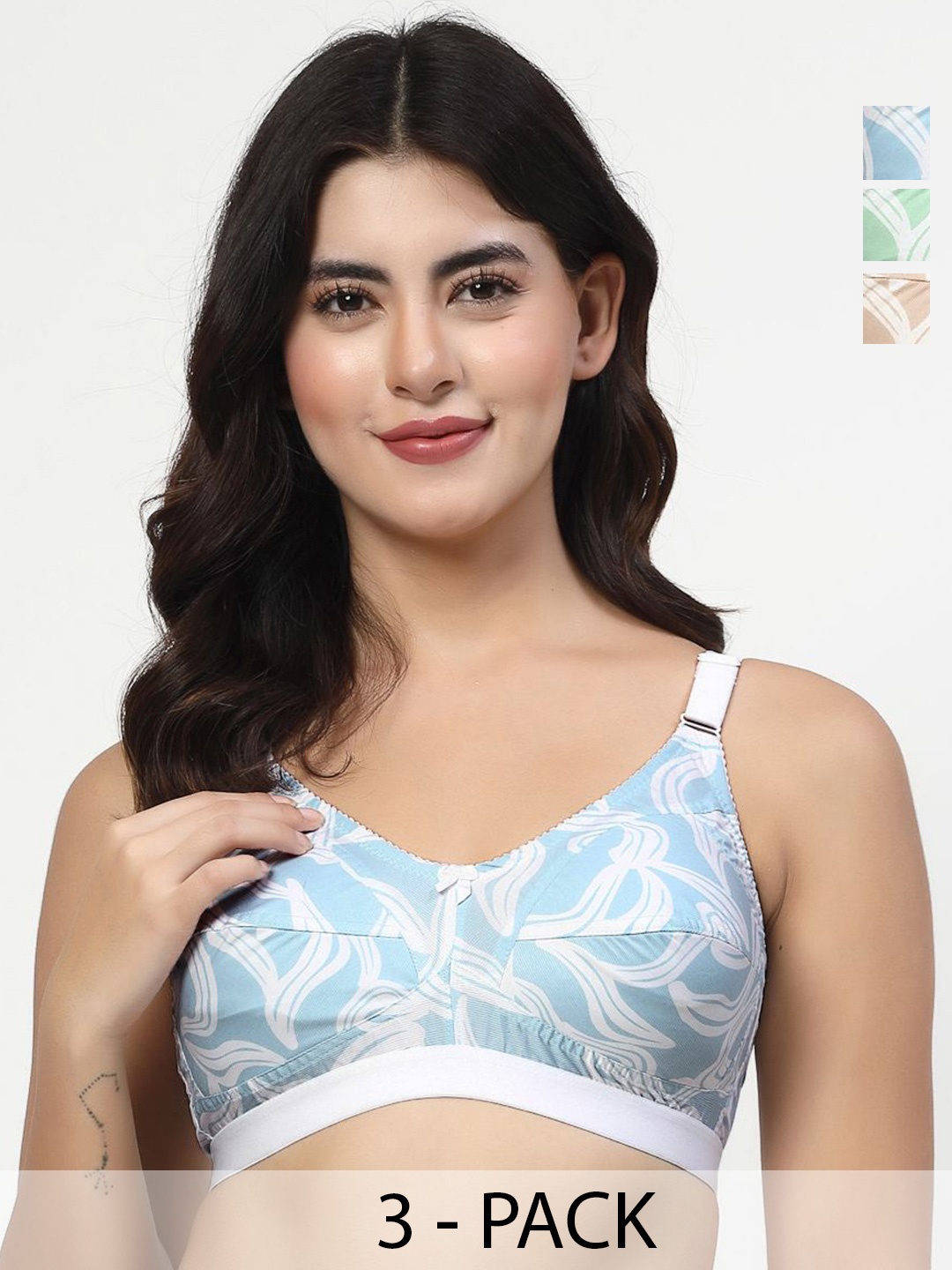 

College Girl Women Pack of 3 Minimizer Flora Printed Full Coverage Bra, Green
