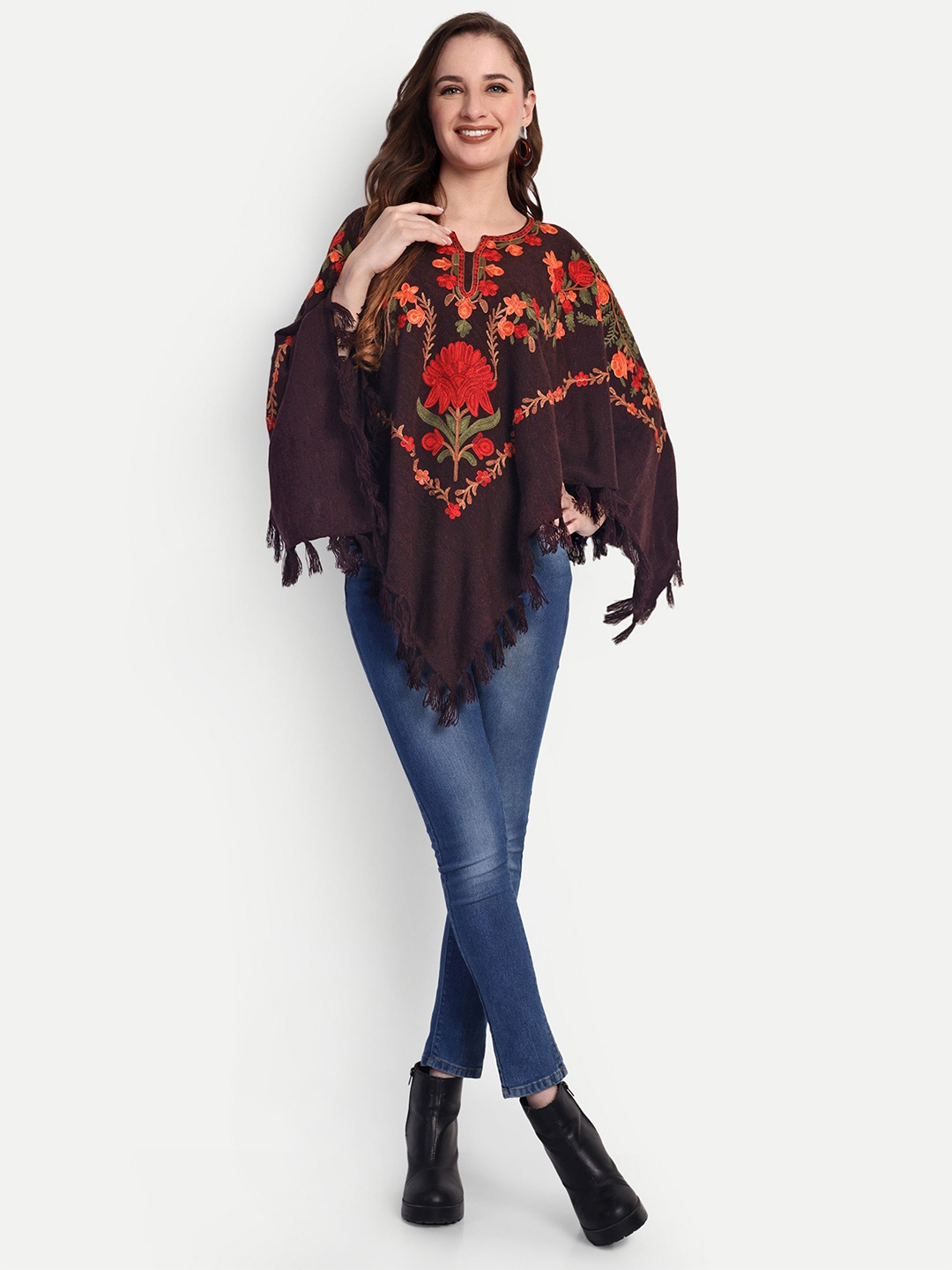 

HAUTEMODA Women Floral Printed Woollen Poncho, Burgundy