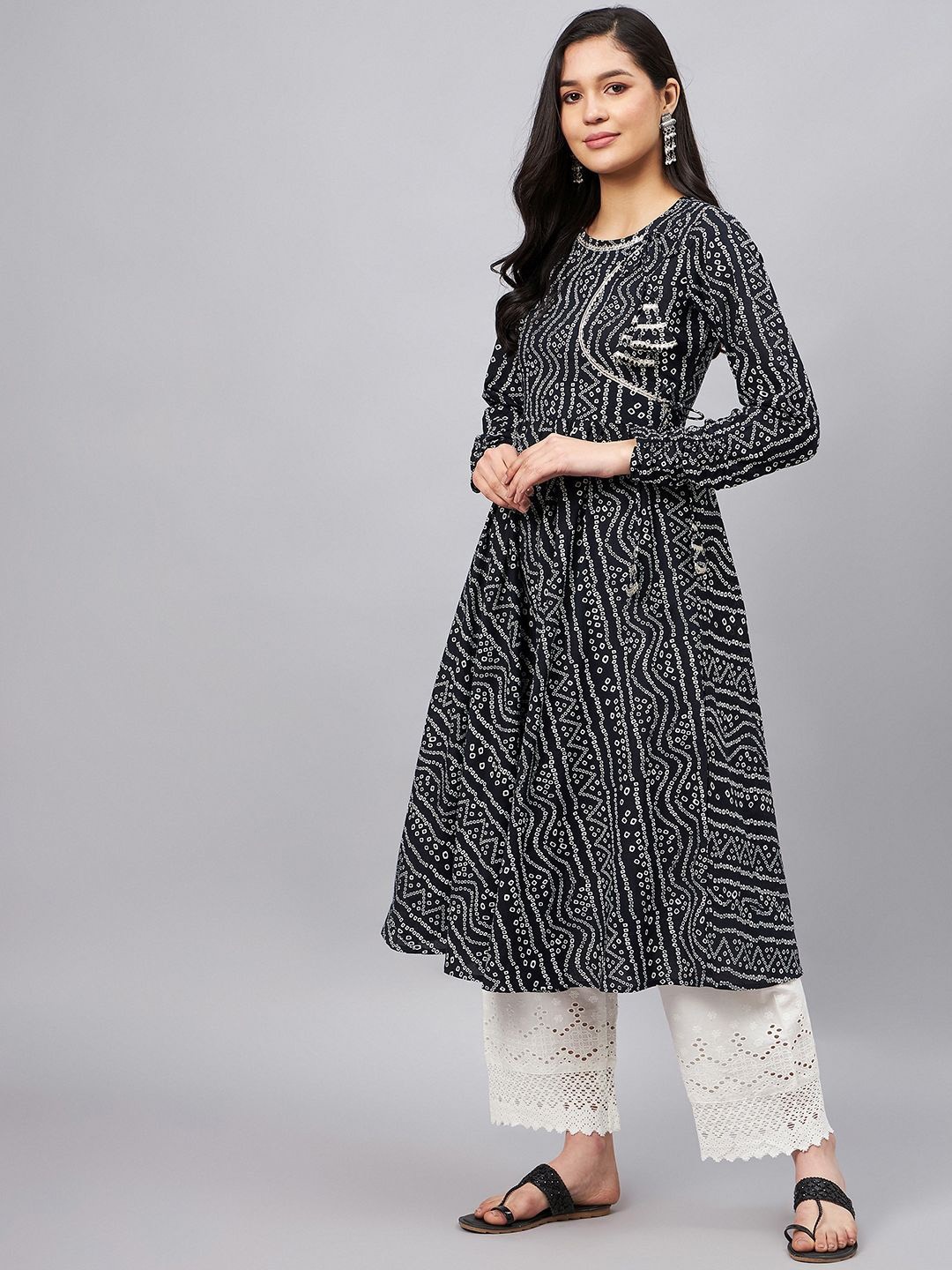 

WineRed Bandhani Printed Gotta Patti Angrakha Pure Cotton Anarkali Kurta, Black