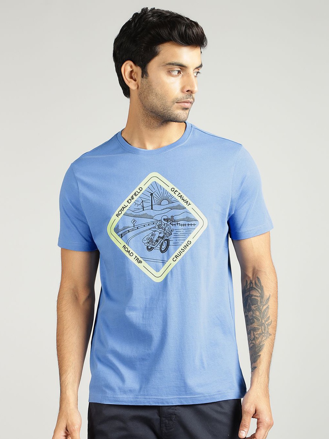 

Royal Enfield Men Graphic Printed Round Neck Cotton T-shirt, Blue