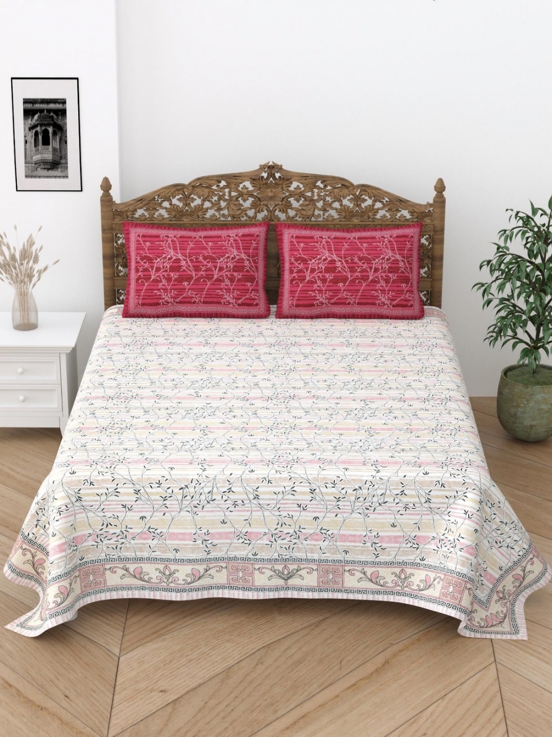 

HOME HEAVENS Pink & White 250 TC Queen Bedsheet with 2 Pillow Covers