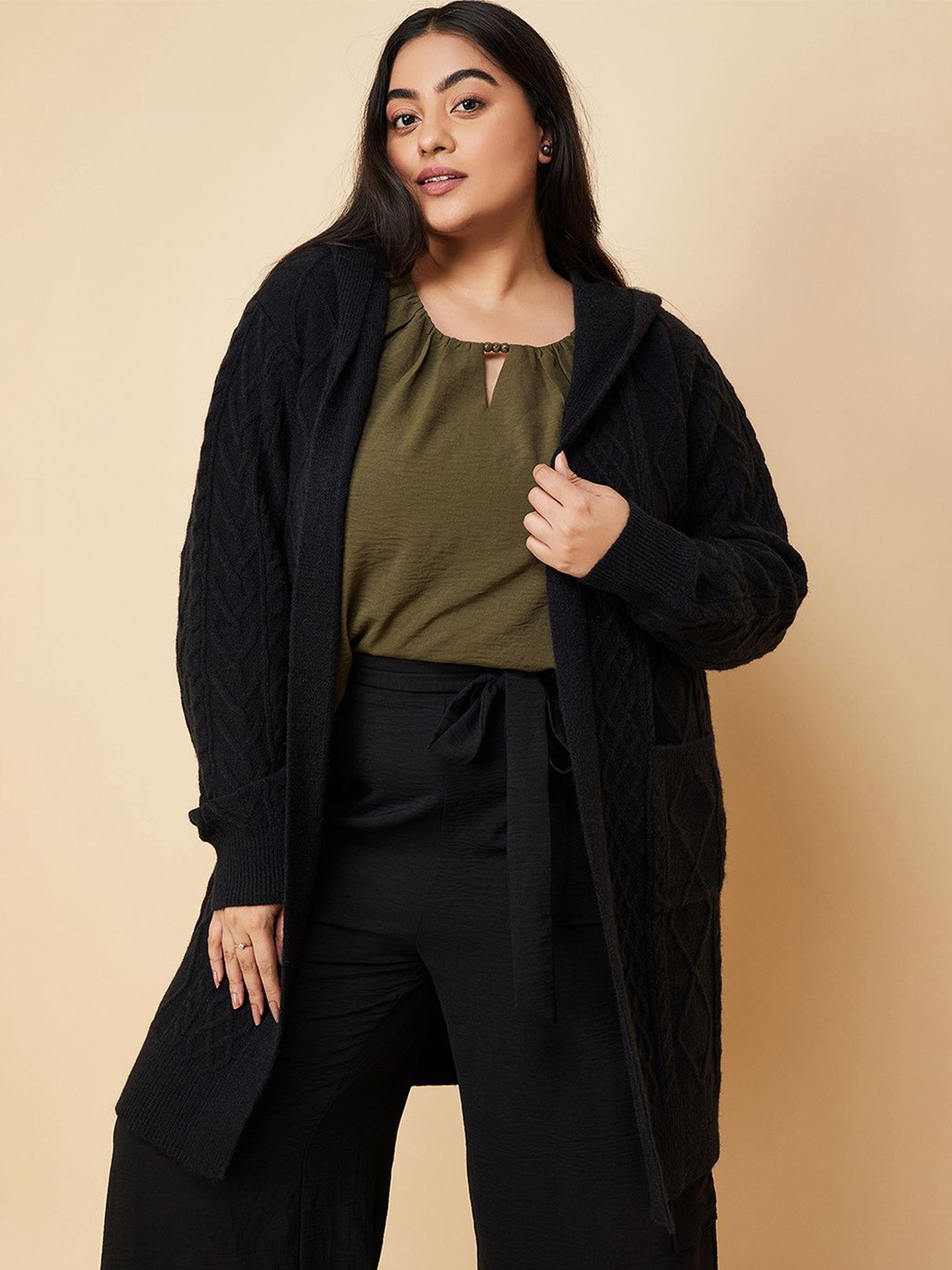 

max Women Cable Knit Longline Cardigan, Black