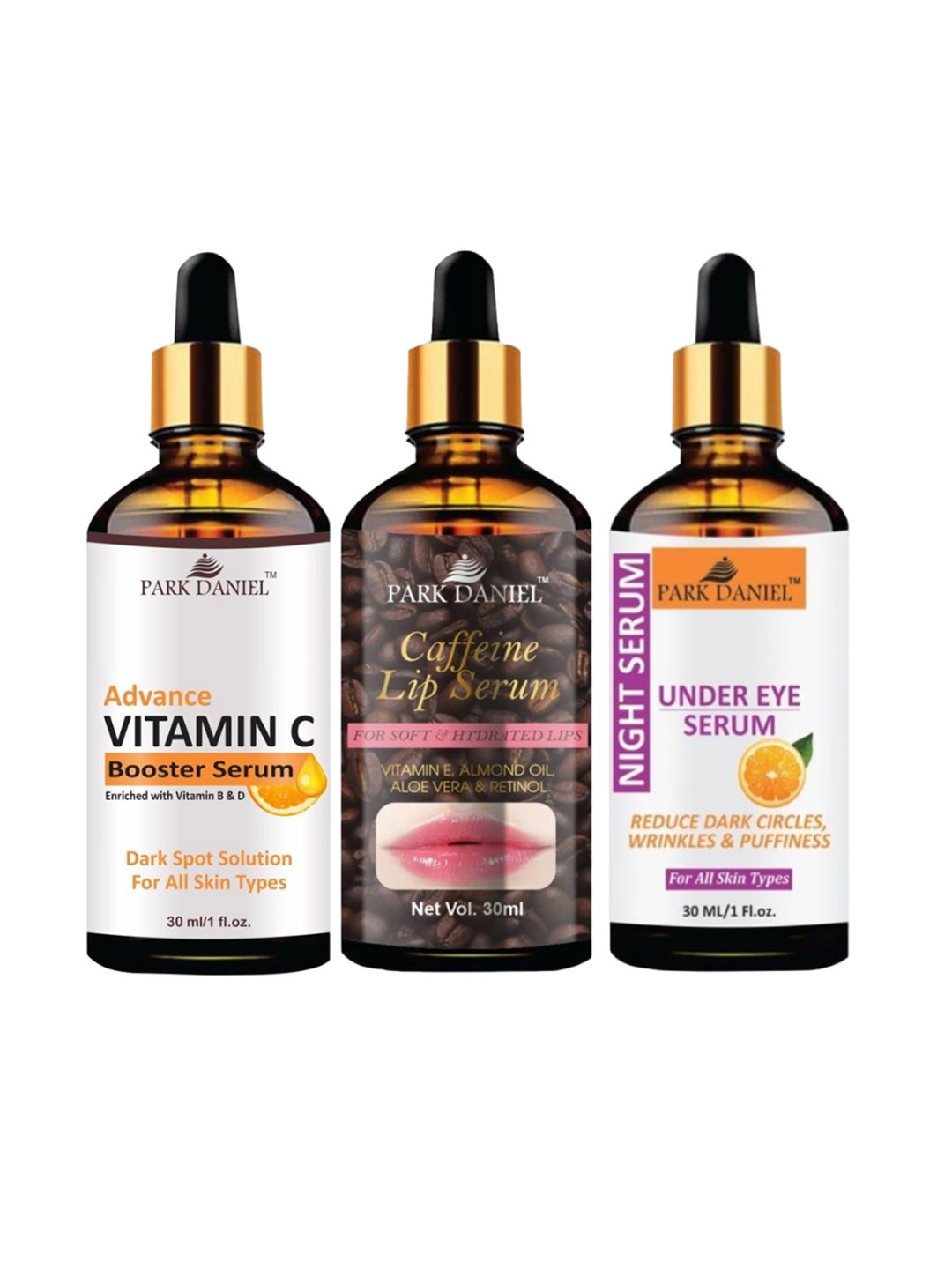 

Park Daniel Set of 3 Serum 30 ml each - Vitamin C + Caffeine Lip + Under Eye, Brown