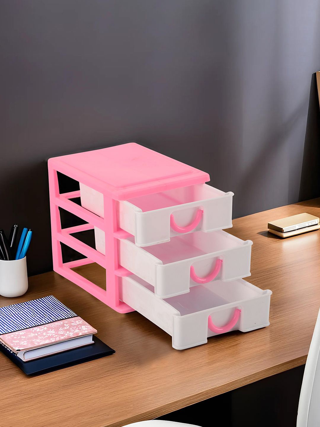 

Kuber Industries White & Pink 3-Tier Drawer Stationary Organiser
