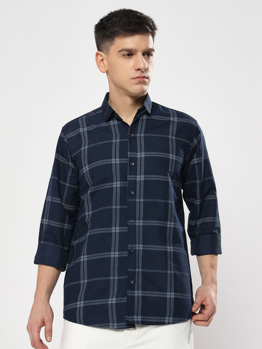 

YOUTH FIRST Men Premium Spread Collar Shepherd Checked Casual Shirt, Navy blue