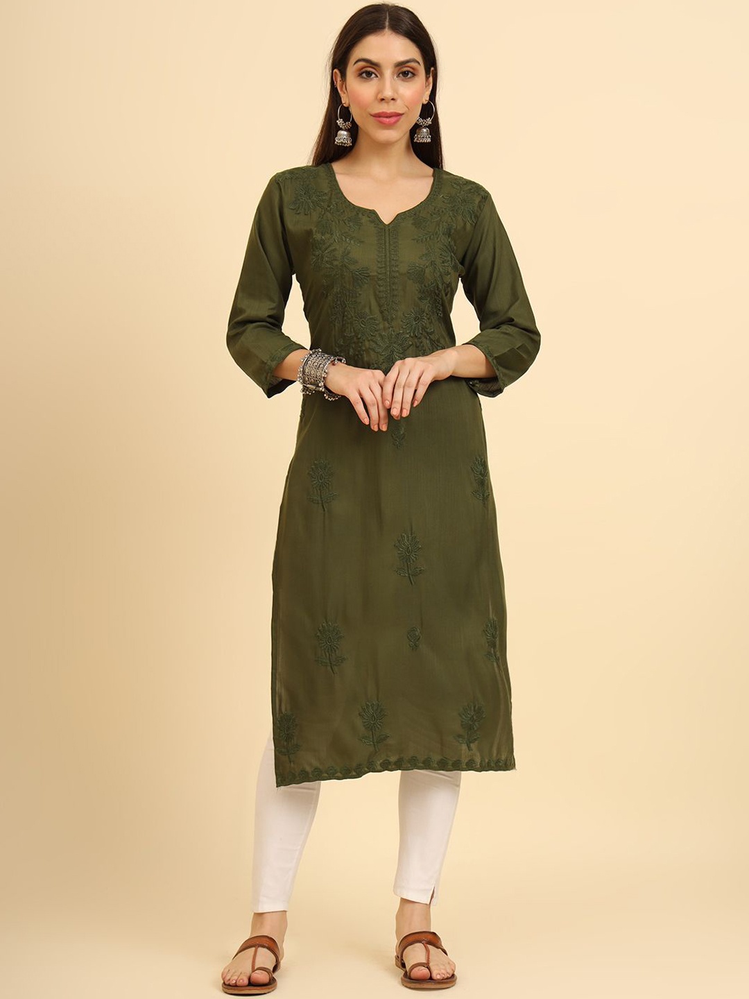

HERE&NOW Floral Embroidered Cotton Straight Kurta, Green