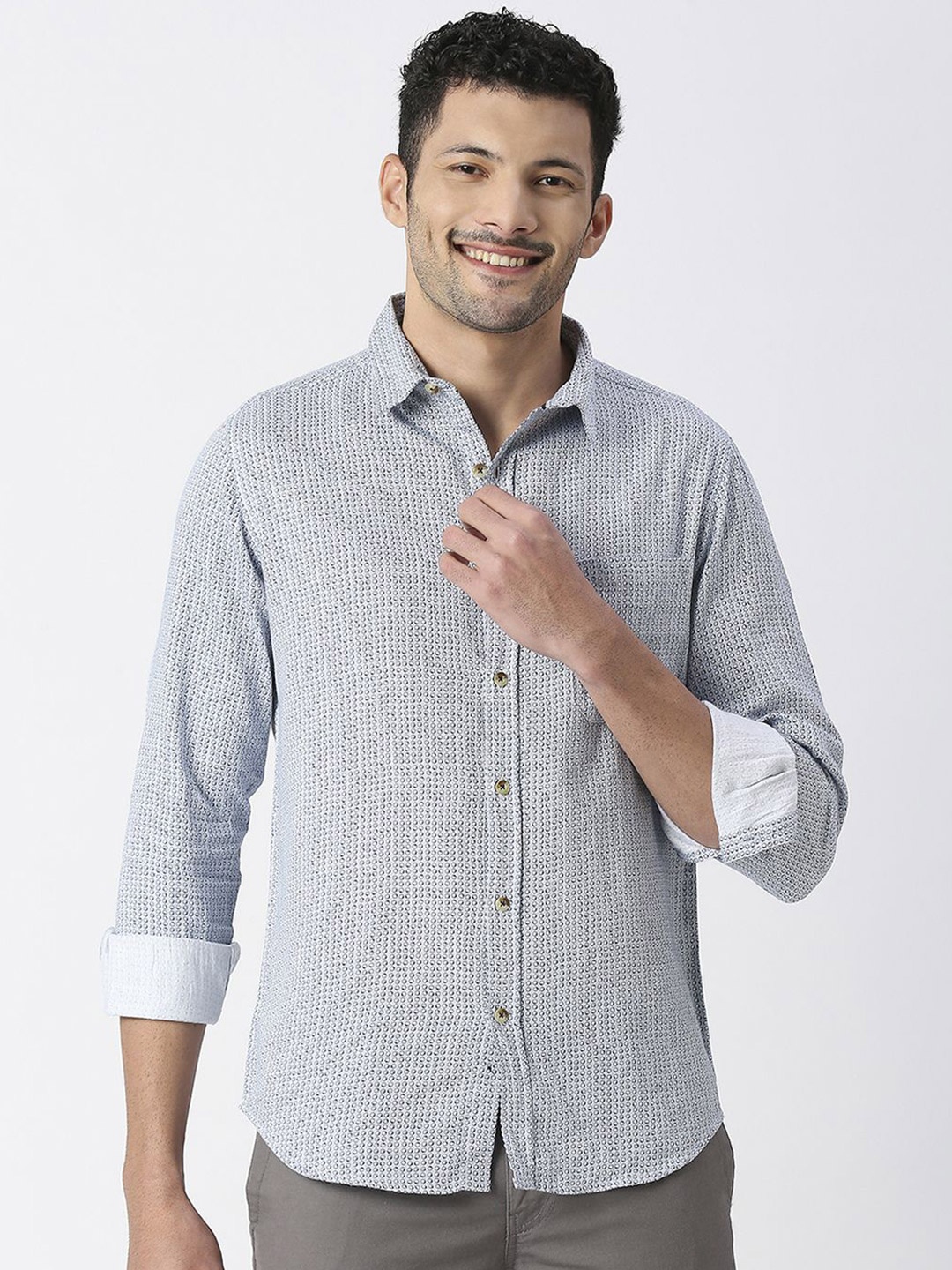 

SNX Men Spread Collar Micro Ditsy Printed Cotton Casual Shirt, White