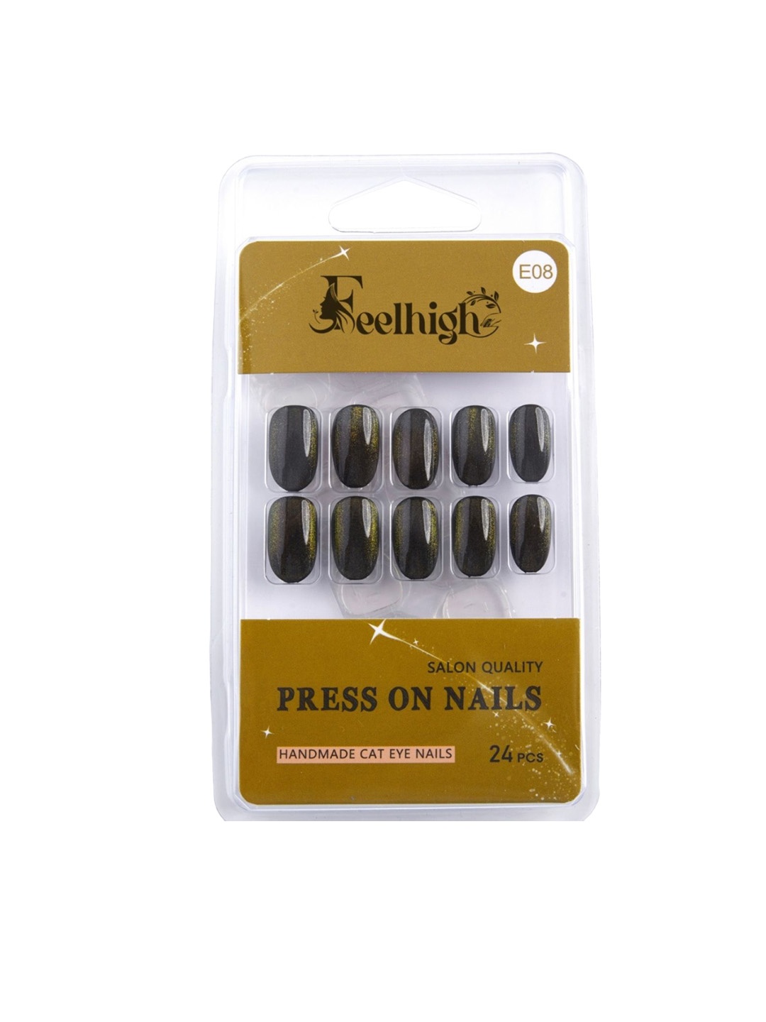 

FEELHIGH Set Of 24 Press On Cat Eye Reusable Artificial Nails - E-08, Black