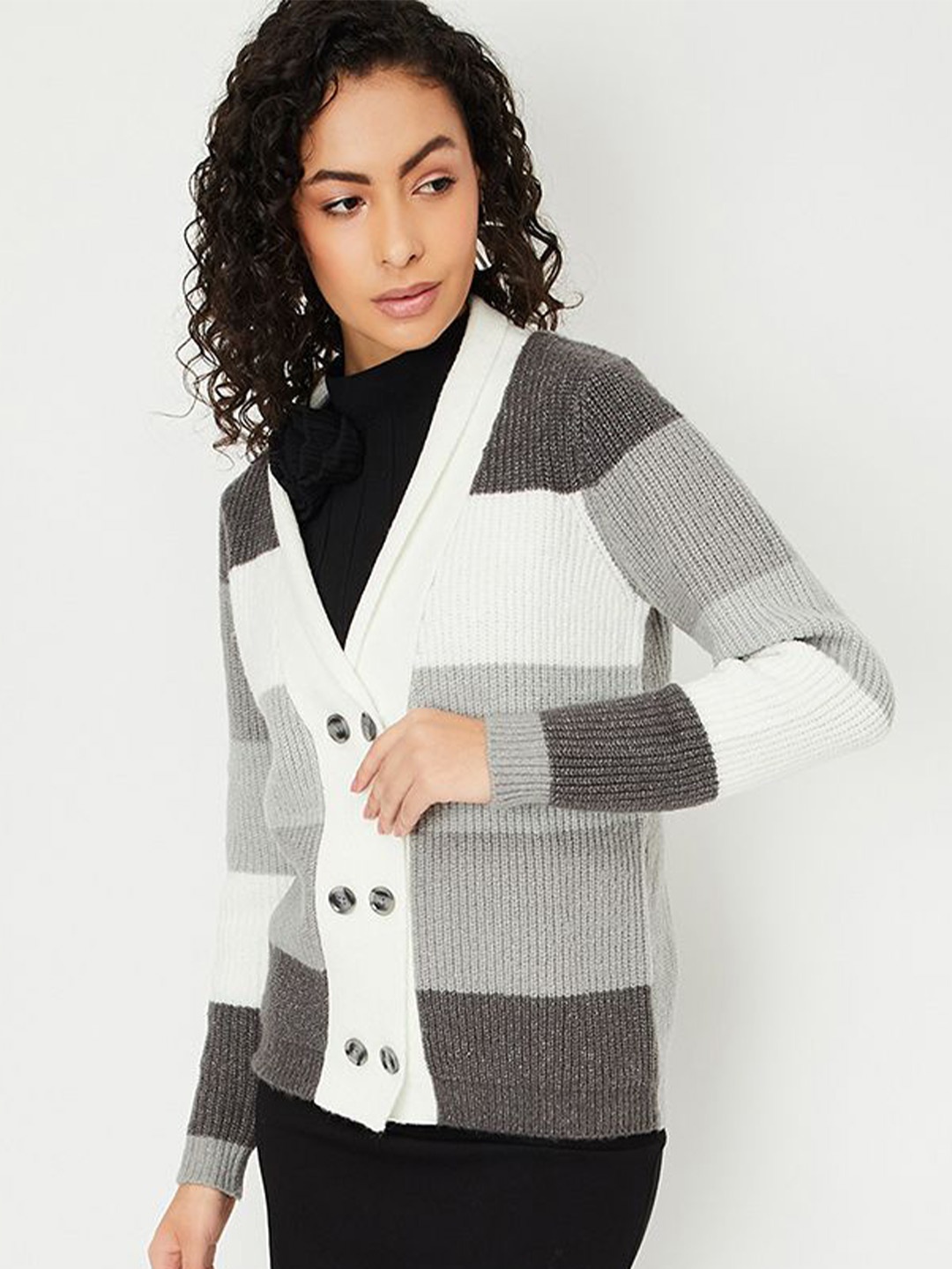

max Women Colourblocked Cardigan Sweaters, Grey