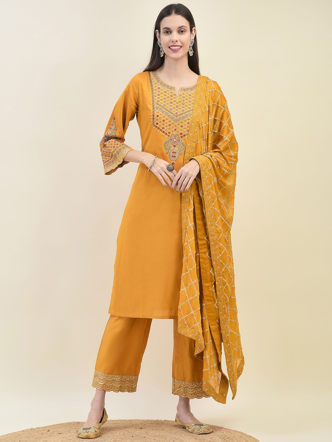 

Shree Geometric Embroidered Straight Kurta with Trousers & Dupatta, Mustard