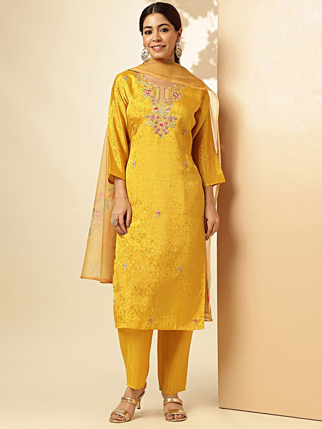 

Vbuyz Floral Embroidered Silk Chiffon Straight Kurta with Trousers & Dupatta, Yellow