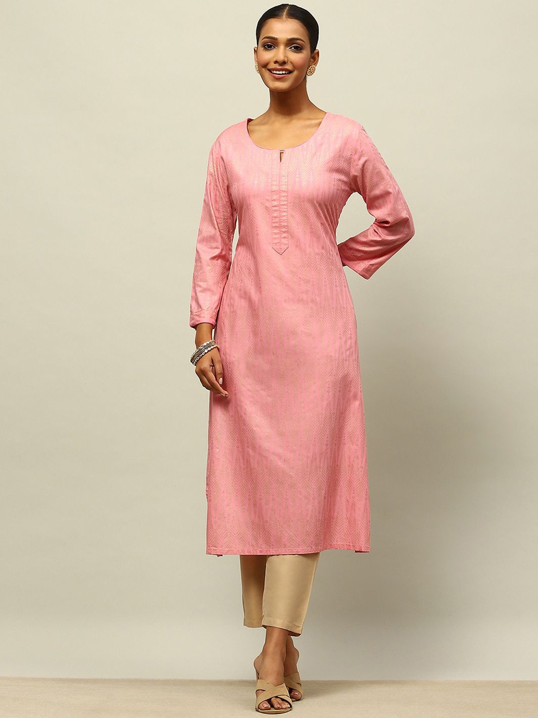 

Rangriti Floral Woven Design Straight Kurta with Trousers, Pink