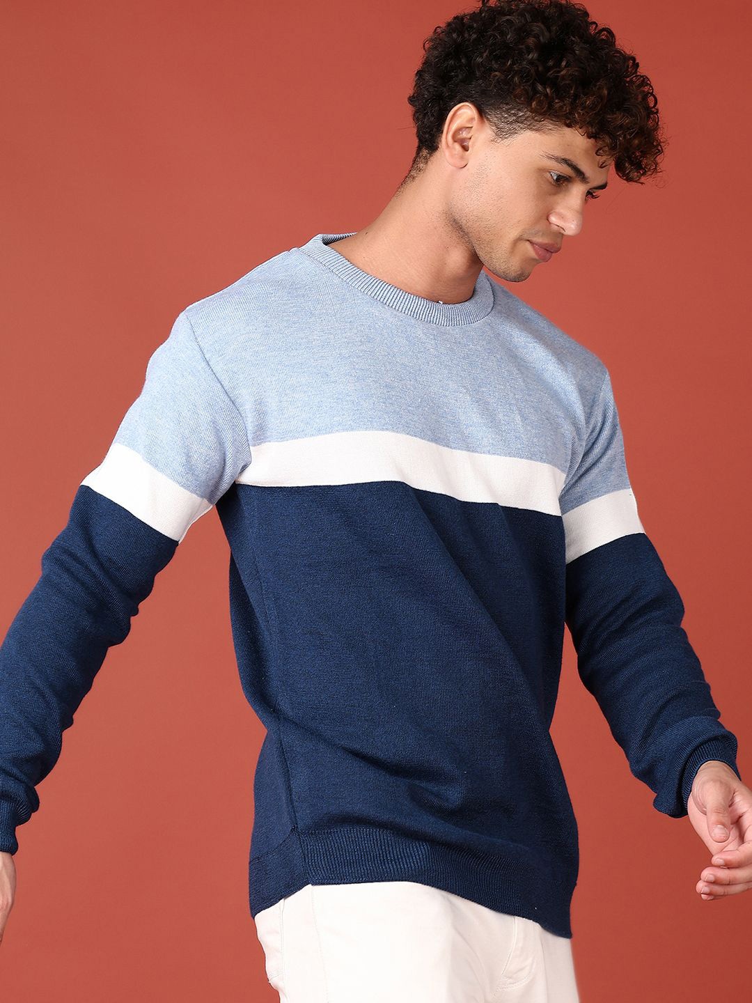 

V-Mart Men Striped Pullover Round Neck Sweater, Navy blue