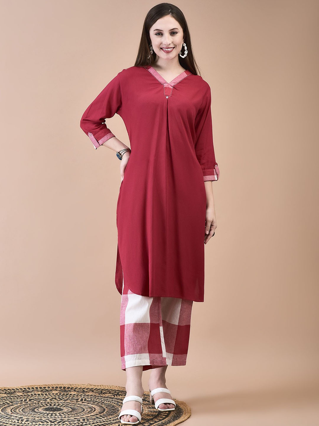 

Shree V-Neck Thread Work Pleated A-Line Kurta with Trousers, Red